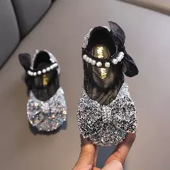 Baby, Toddler, Young Girls & Girls Black Bead Covered Bow Mary Jane Shoes | Lucys 10922