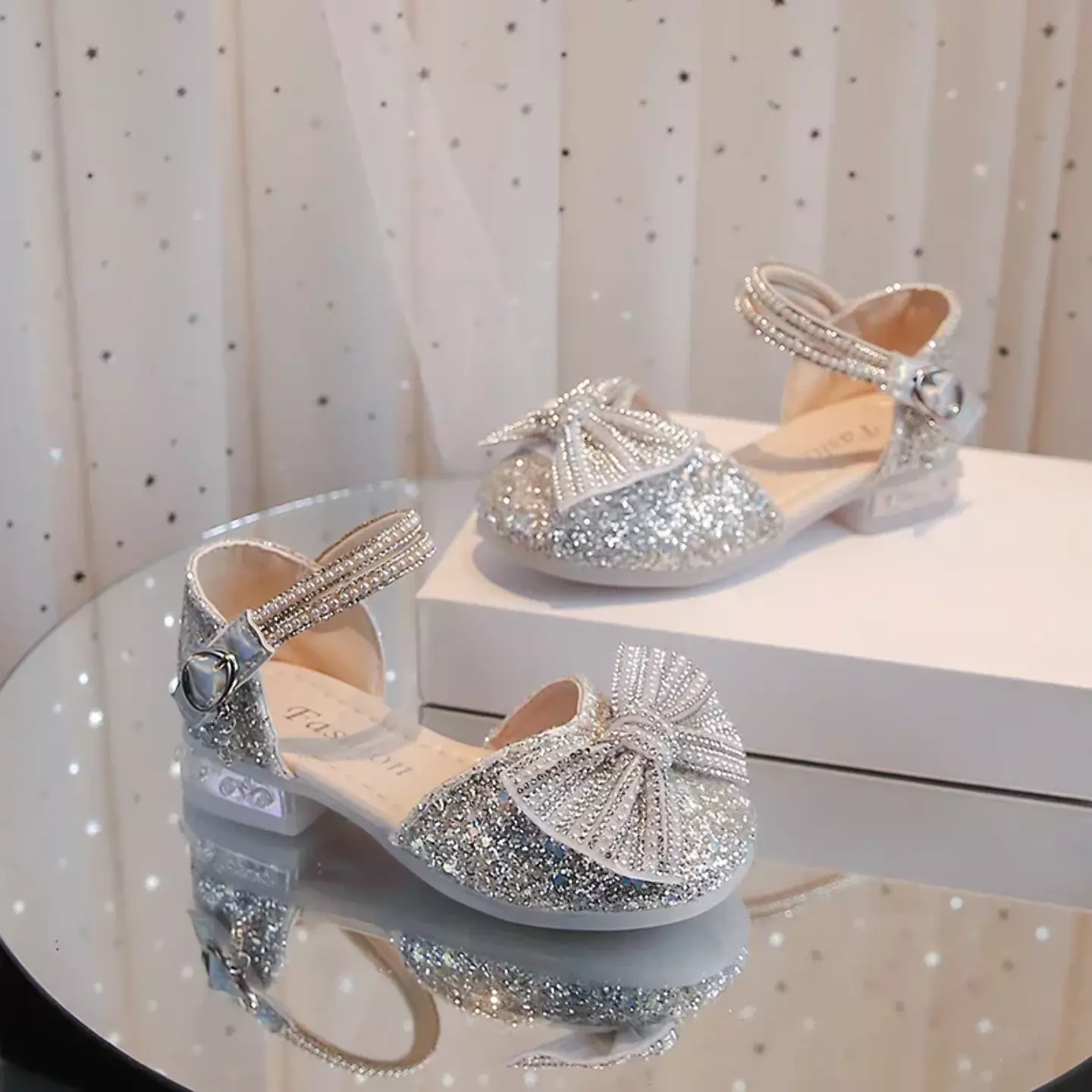 Young Girls & Girls Silver Double Row Crystal Strap Party Shoes | Lucys 10936
