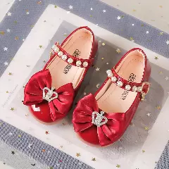 Young Girls & Girls Maroon Crystal Crown Centre Bow Party Shoes | Lucys 10948