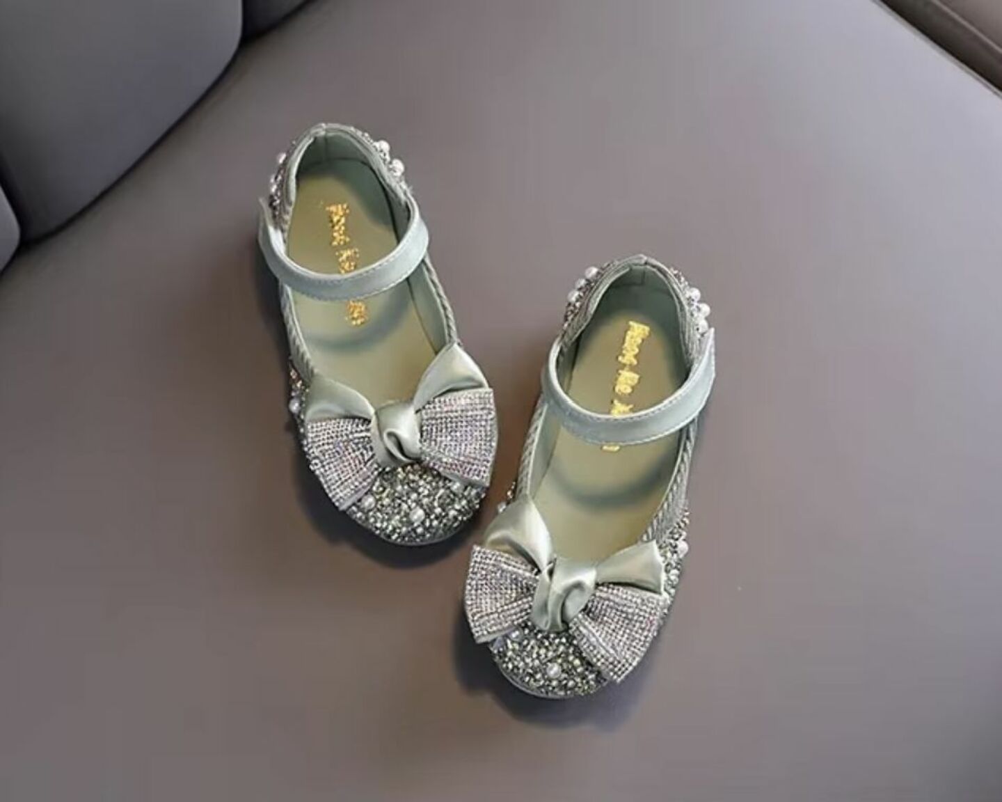 Girls Sage Green Sparkle Mary Jane Flats with Bow and Ankle Strap | Lucys 10522