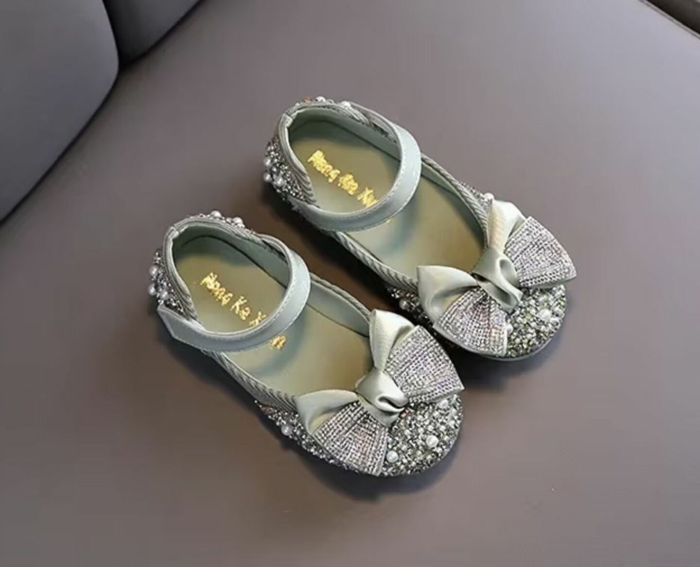 Girls Sage Green Sparkle Mary Jane Flats with Bow and Ankle Strap | Lucys 10522