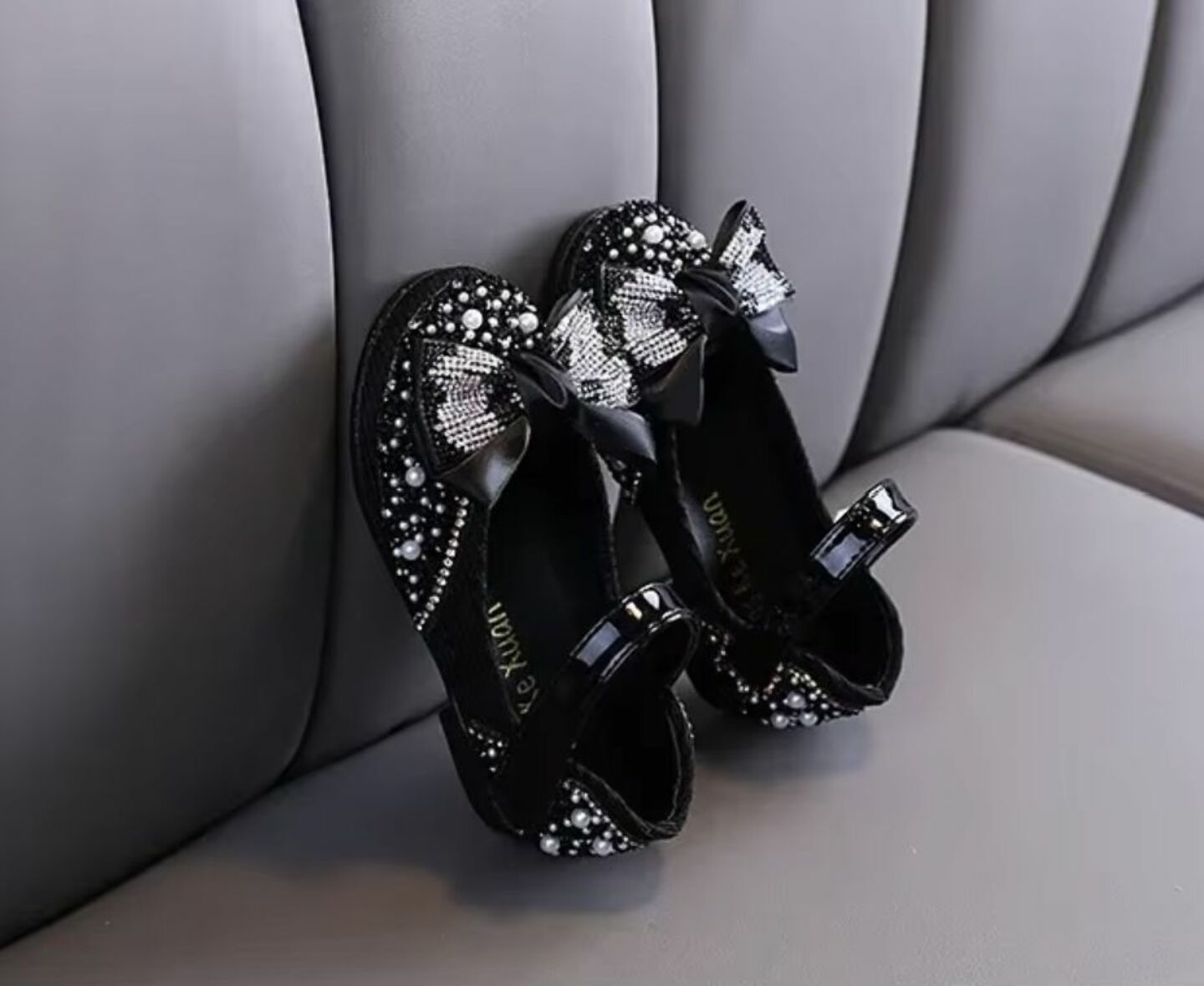 Girls Black Crystal Beaded Mary Jane Dress Shoes with Bow | Lucys 10521