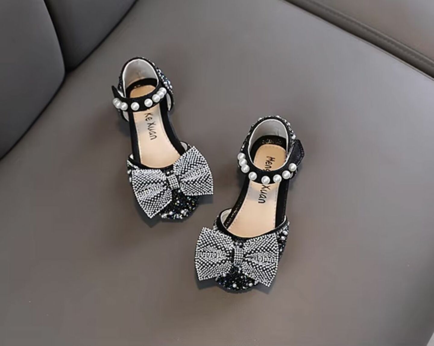 Girls Black Sequin Bow Dress Sandals with Pearl Strap | Lucys 10533