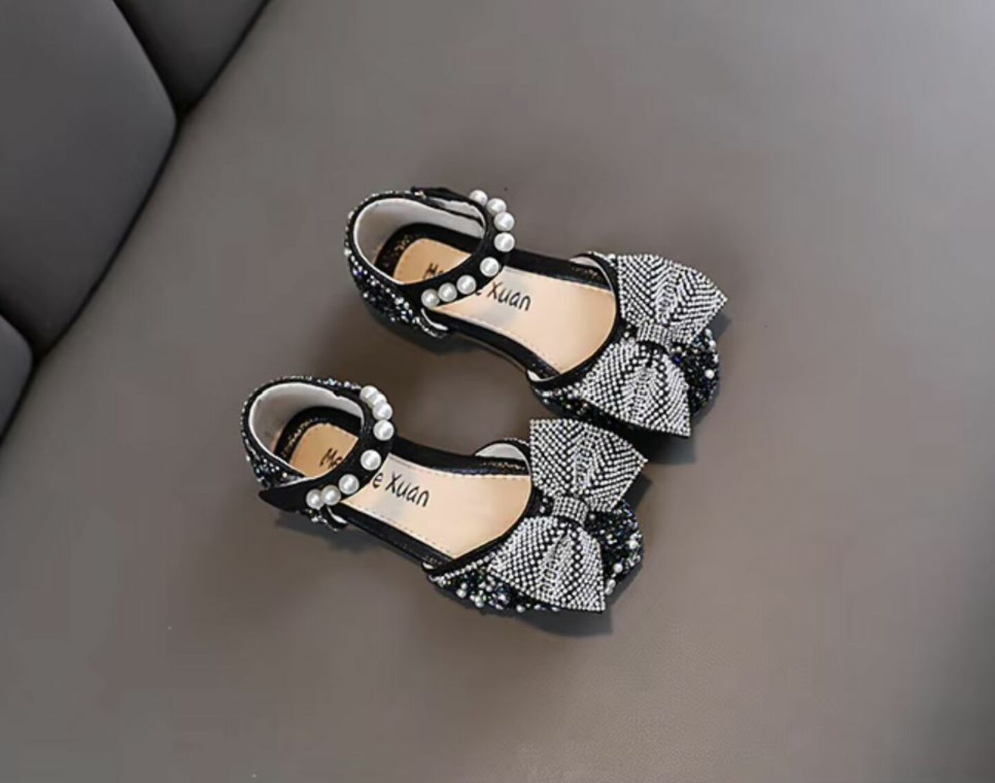 Girls Black Sequin Bow Dress Sandals with Pearl Strap | Lucys 10533