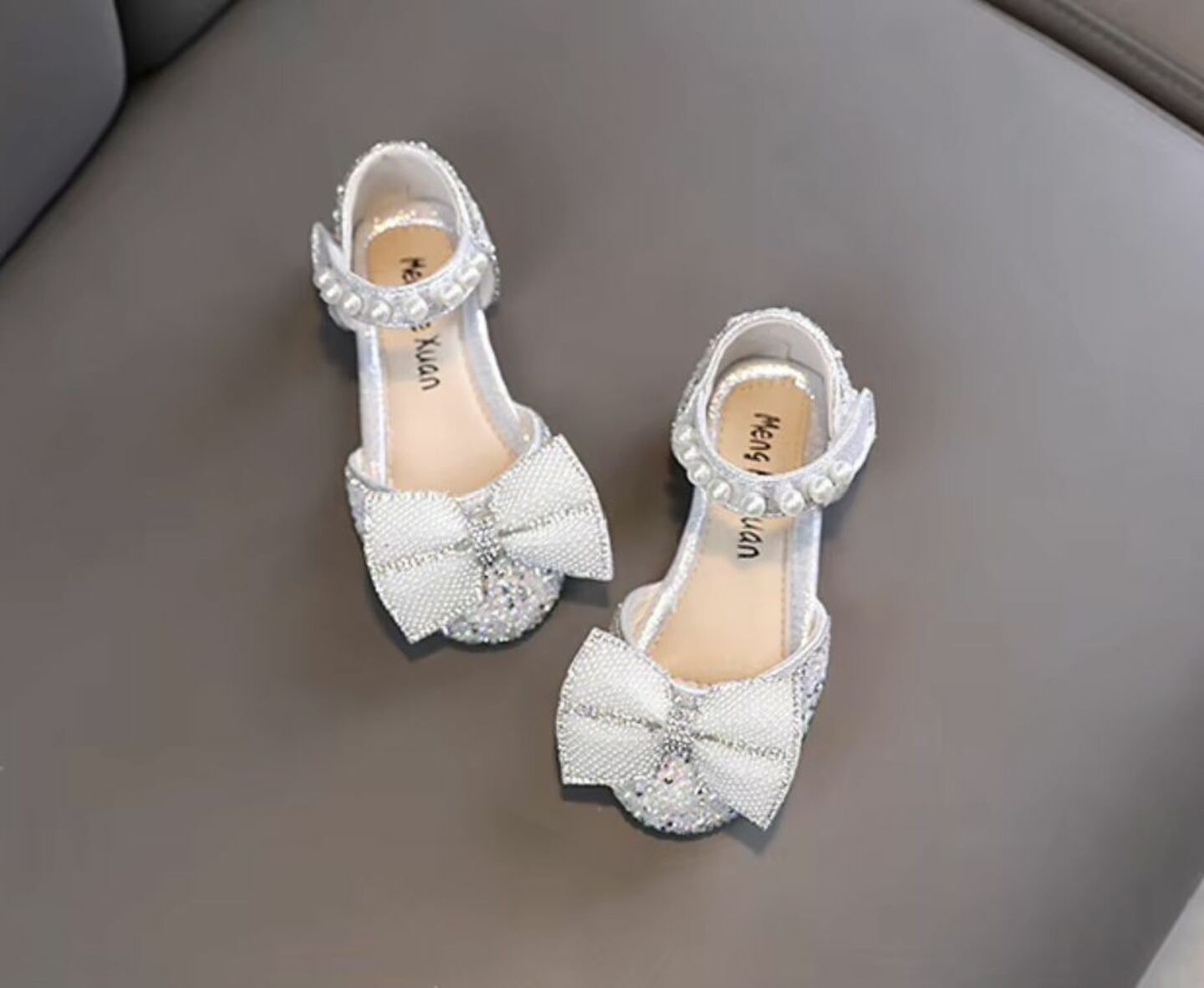Girls Silver Sequin Bow Dress Sandals with Pearl Ankle Strap | Lucys 10532