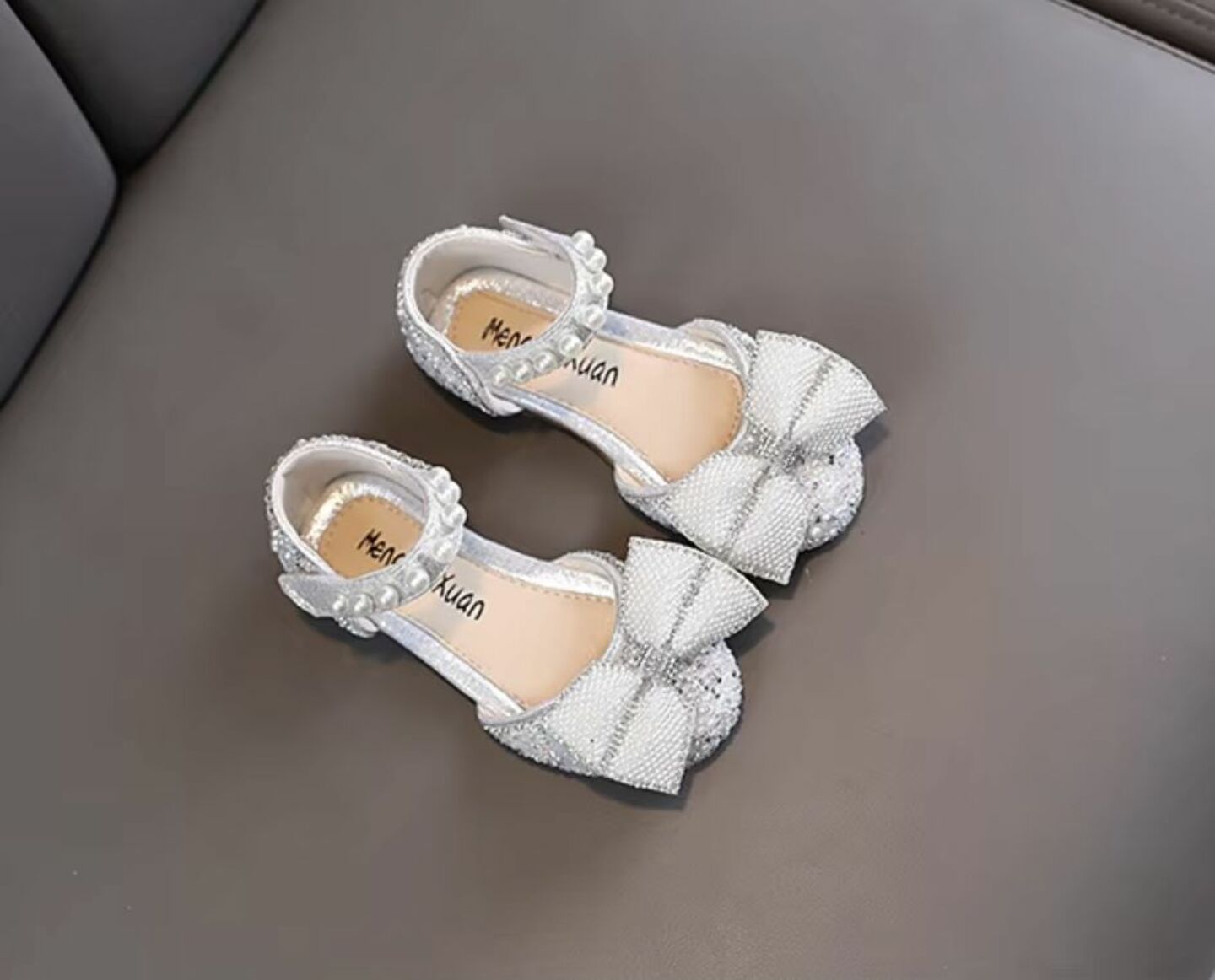 Girls Silver Sequin Bow Dress Sandals with Pearl Ankle Strap | Lucys 10532