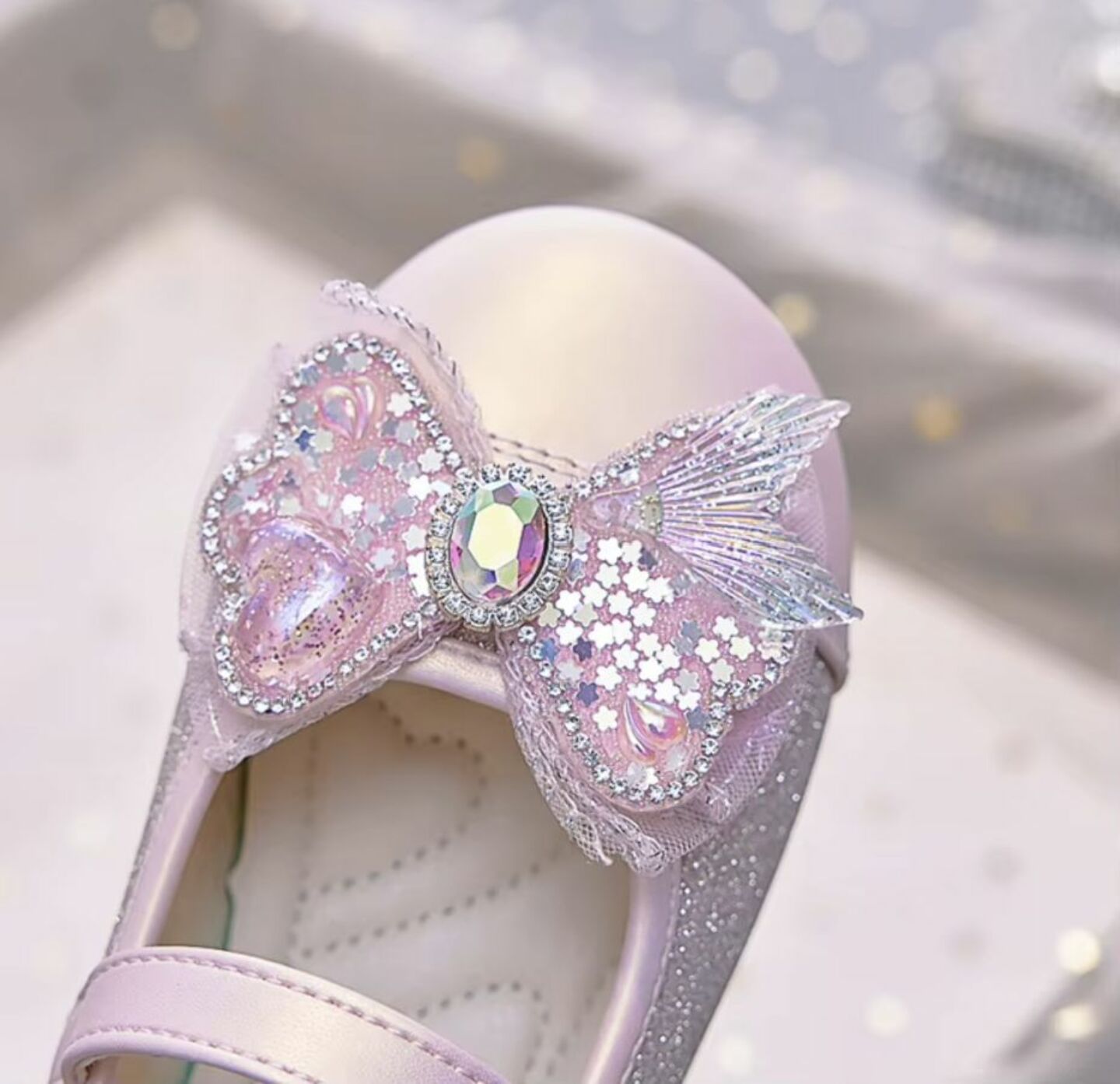 Girls Pink Sparkle Mary Jane Flats with Heart Crystal Butterfly Bow | Lucys 10553