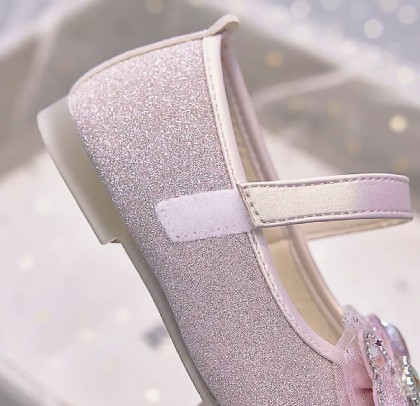 Girls Pink Sparkle Mary Jane Flats with Heart Crystal Butterfly Bow | Lucys 10553