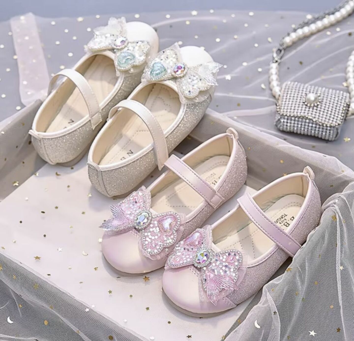 Girls Pink Sparkle Mary Jane Flats with Heart Crystal Butterfly Bow | Lucys 10553