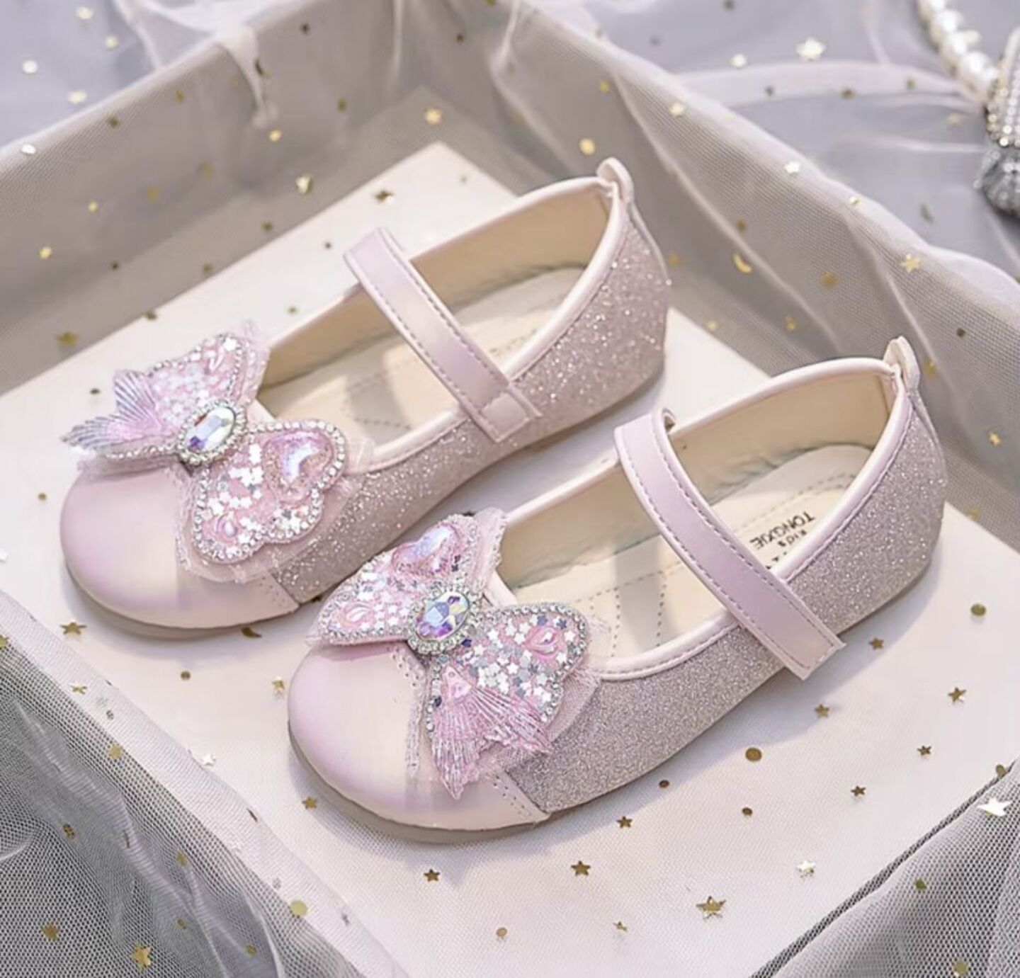 Girls Pink Sparkle Mary Jane Flats with Heart Crystal Butterfly Bow | Lucys 10553