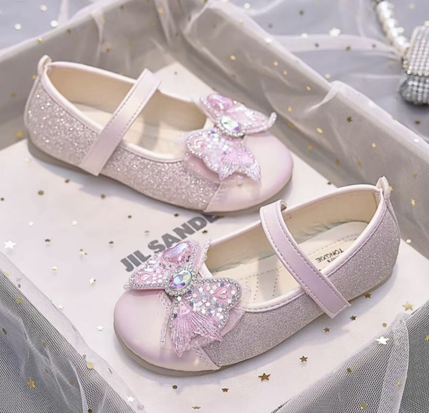 Girls Pink Sparkle Mary Jane Flats with Heart Crystal Butterfly Bow | Lucys 10553