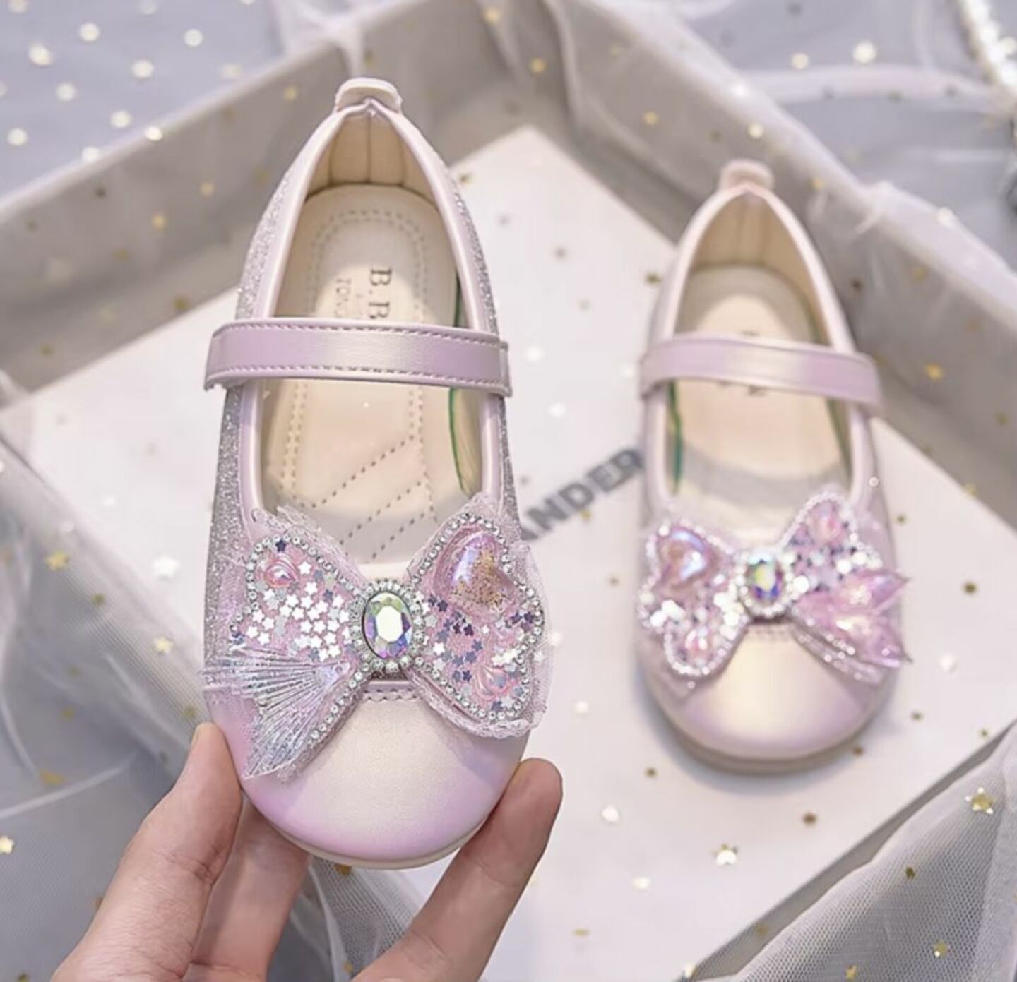 Girls Pink Sparkle Mary Jane Flats with Heart Crystal Butterfly Bow | Lucys 10553