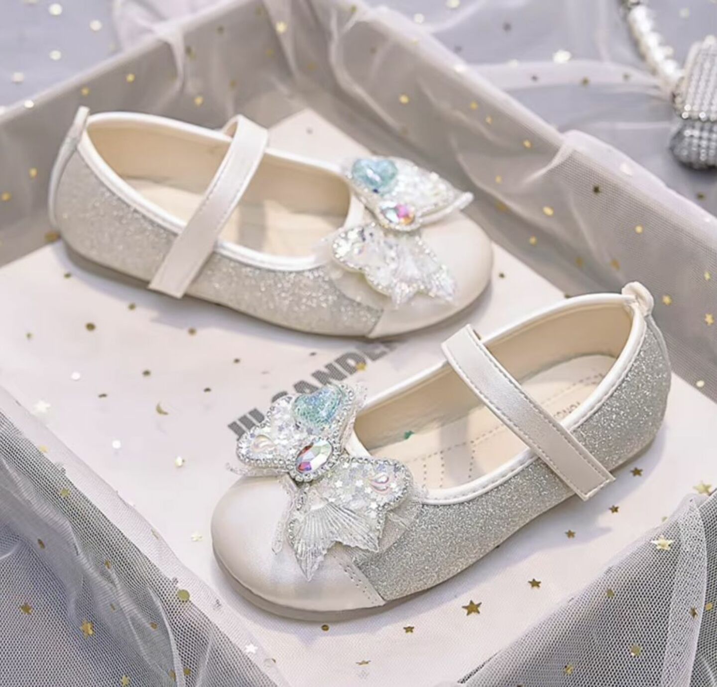 Girls Beige Glitter Mary Jane Shoes with Jewelled Butterfly Bow | Lucys 10552