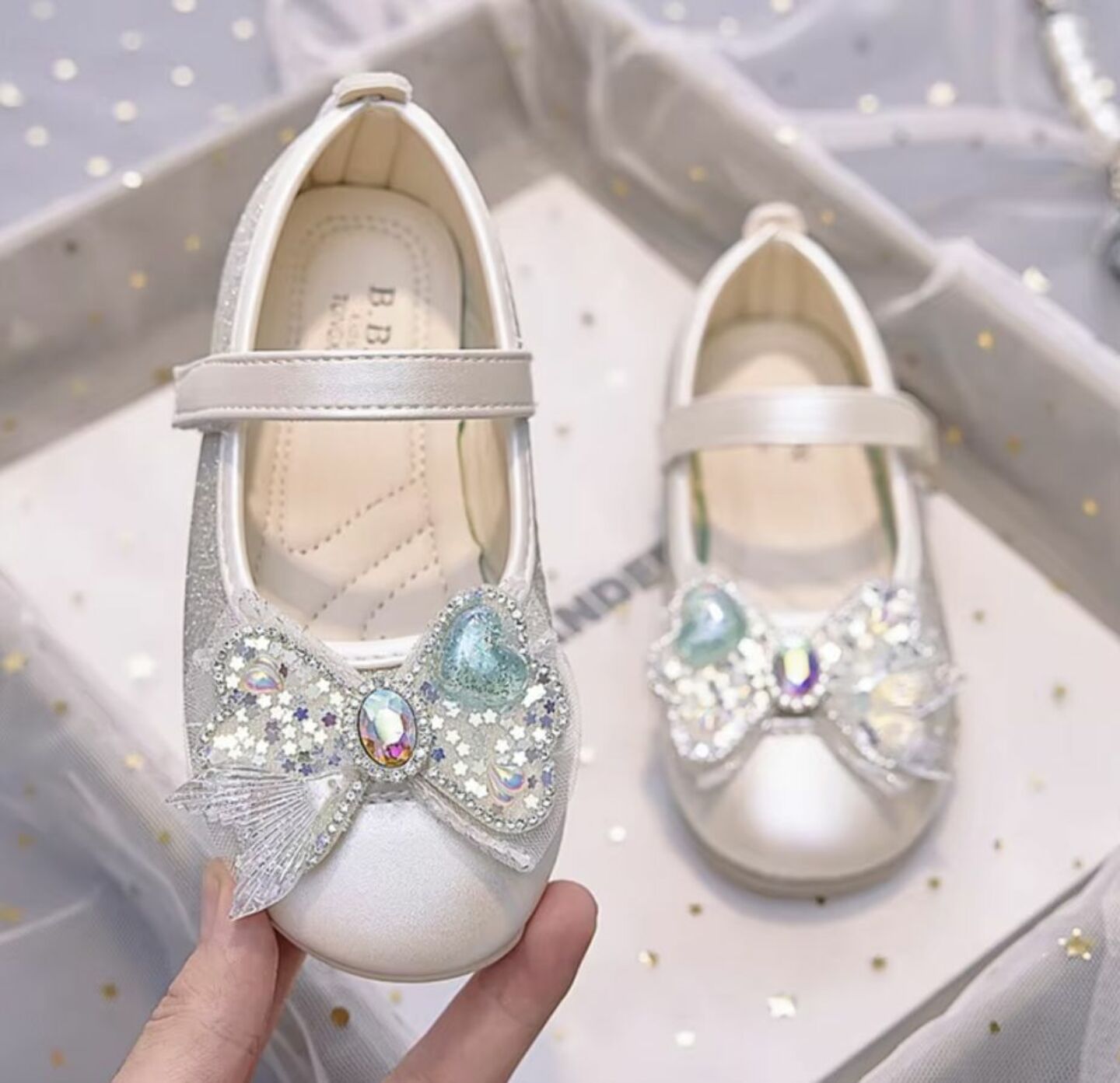 Girls Beige Glitter Mary Jane Shoes with Jewelled Butterfly Bow | Lucys 10552