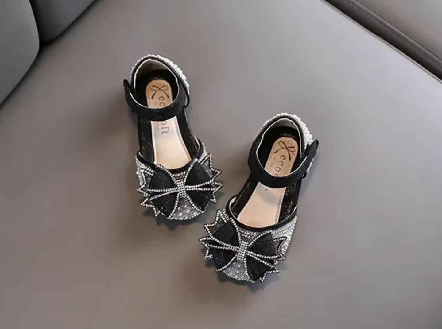 Girls Black Rhinestone Bow Ankle Strap Dress Flats | Lucys 10568