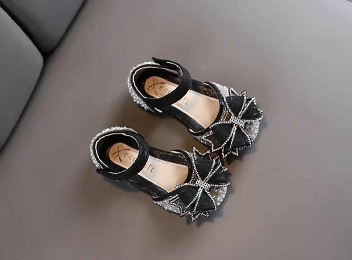 Girls Black Rhinestone Bow Ankle Strap Dress Flats | Lucys 10568