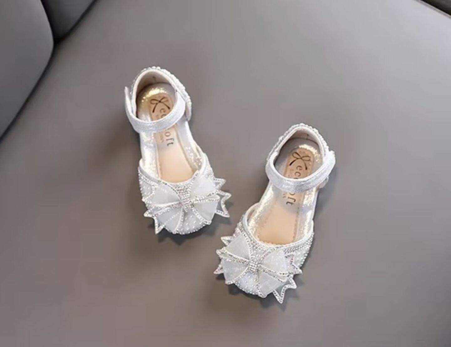 Girls Silver Rhinestone Bow Ankle Strap Dress Flats | Lucys 10585