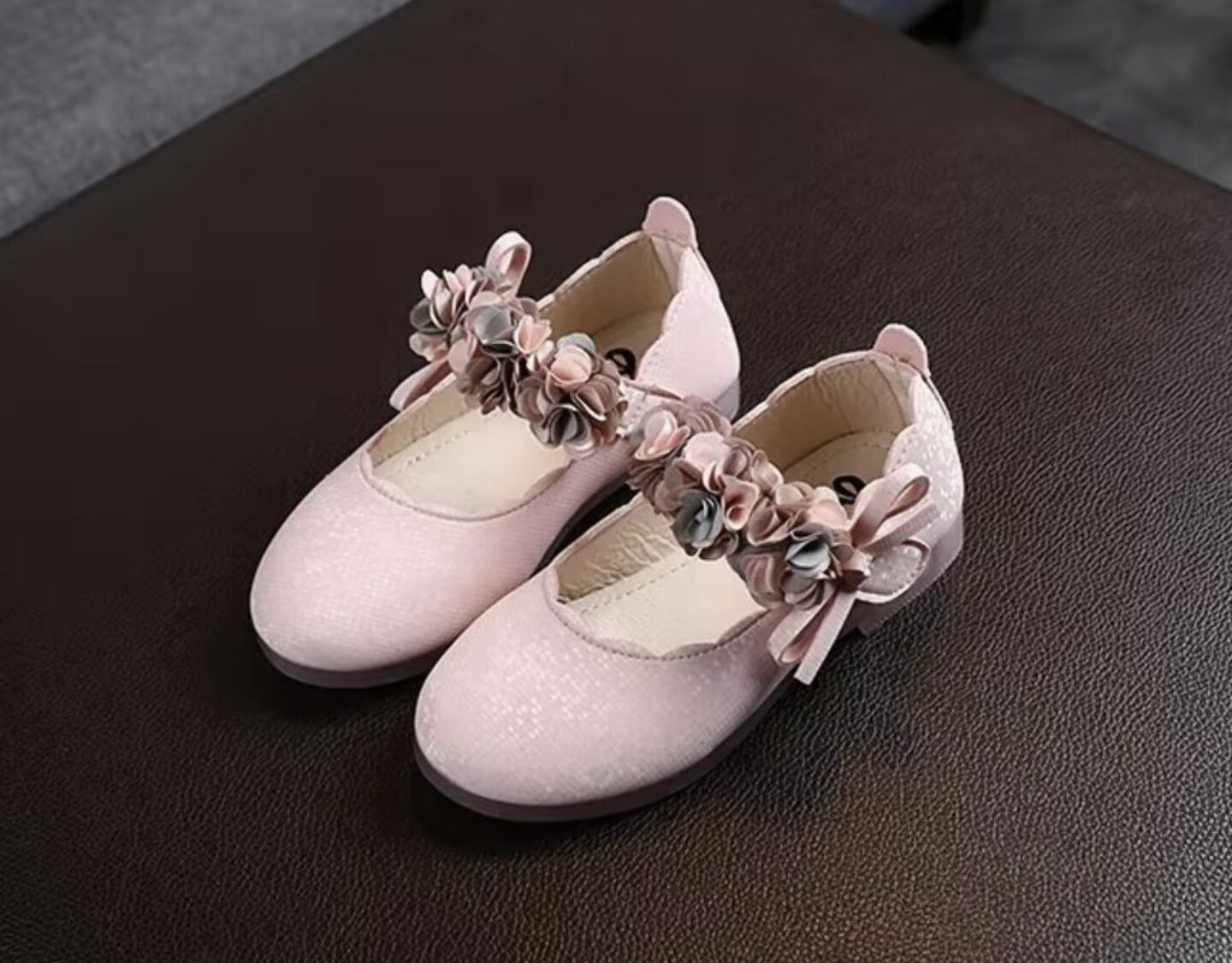 Toddler & Young Girls Pink Shimmer Flower Strap Flats | Lucys 10632