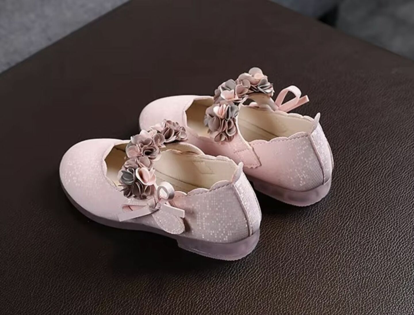 Toddler & Young Girls Pink Shimmer Flower Strap Flats | Lucys 10632