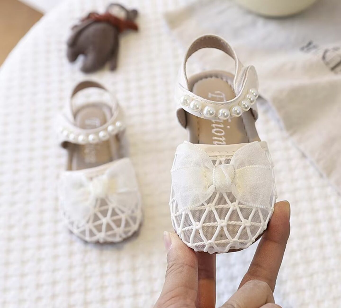 Baby, Toddler & Young Girls Ivory Lattice Mesh Pearl Trim Dress Sandals | Lucys 10640