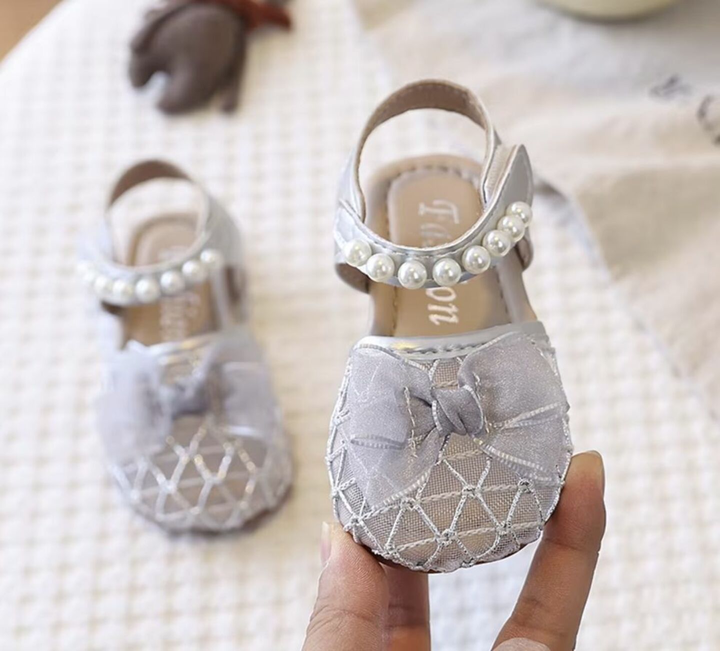 Baby, Toddler & Young Girls Grey Lattice Mesh Pearl Trim Dress Sandals | Lucys 10641