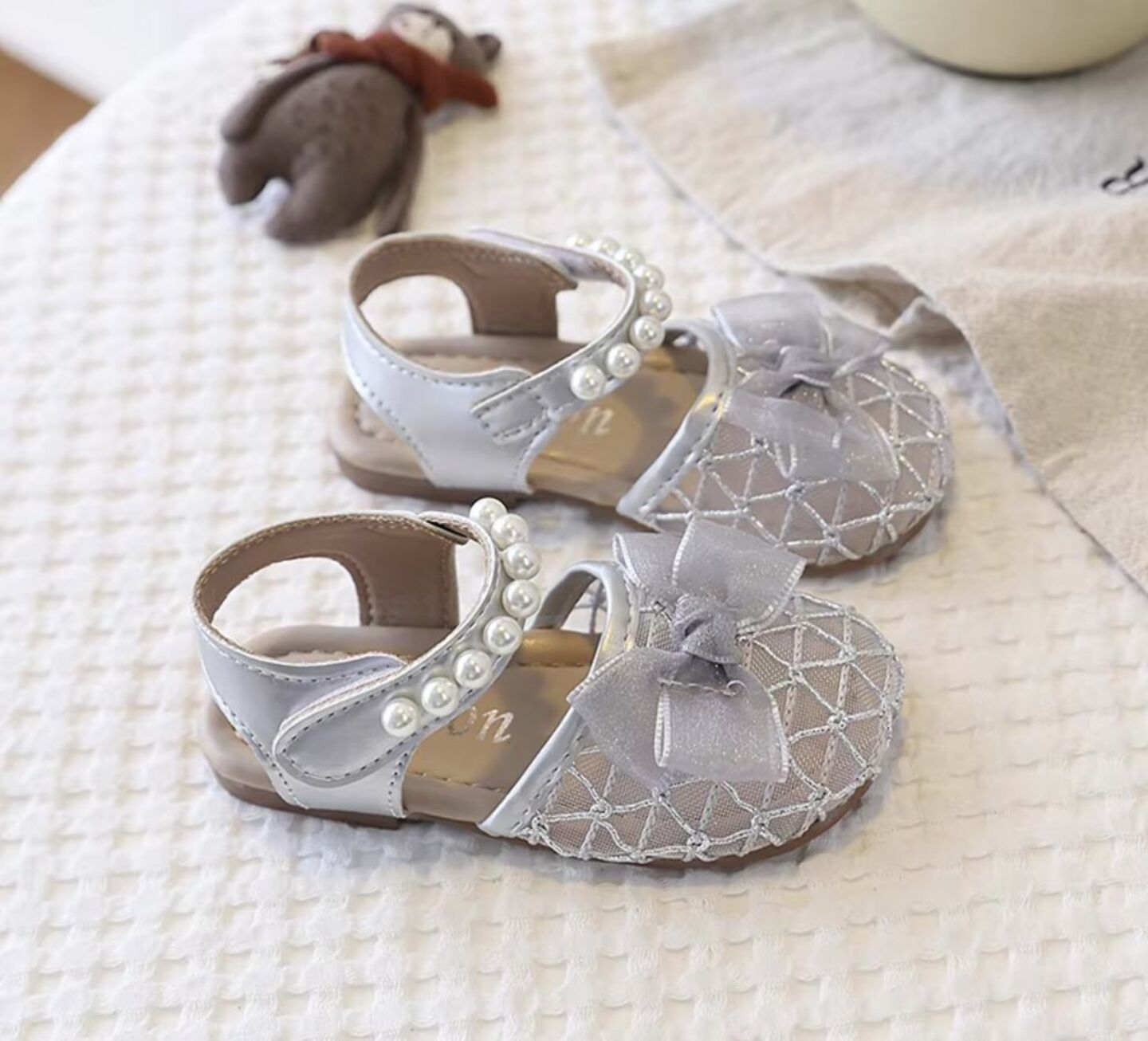 Baby, Toddler & Young Girls Grey Lattice Mesh Pearl Trim Dress Sandals | Lucys 10641