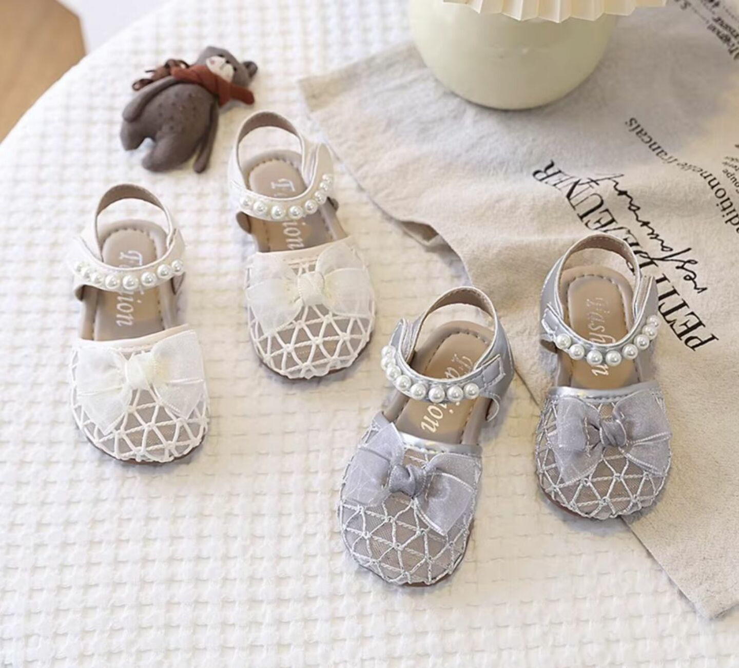 Baby, Toddler & Young Girls Grey Lattice Mesh Pearl Trim Dress Sandals | Lucys 10641