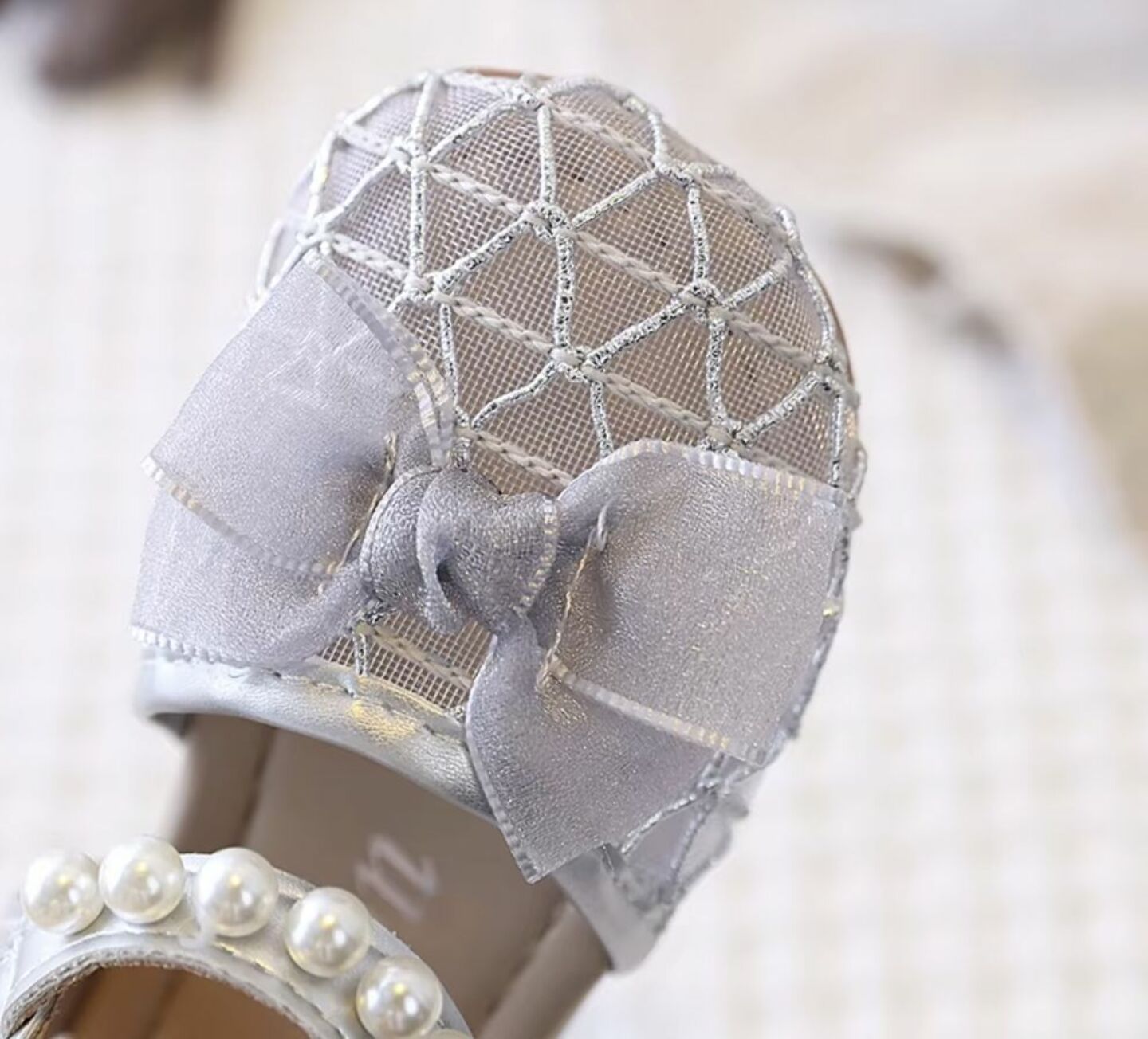 Baby, Toddler & Young Girls Grey Lattice Mesh Pearl Trim Dress Sandals | Lucys 10641