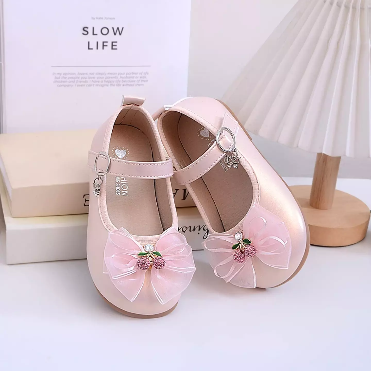 Baby, Toddler & Young Girls Peach Pink Crystal Cherry Bow Heart Strap Shoes | Lucys 10985