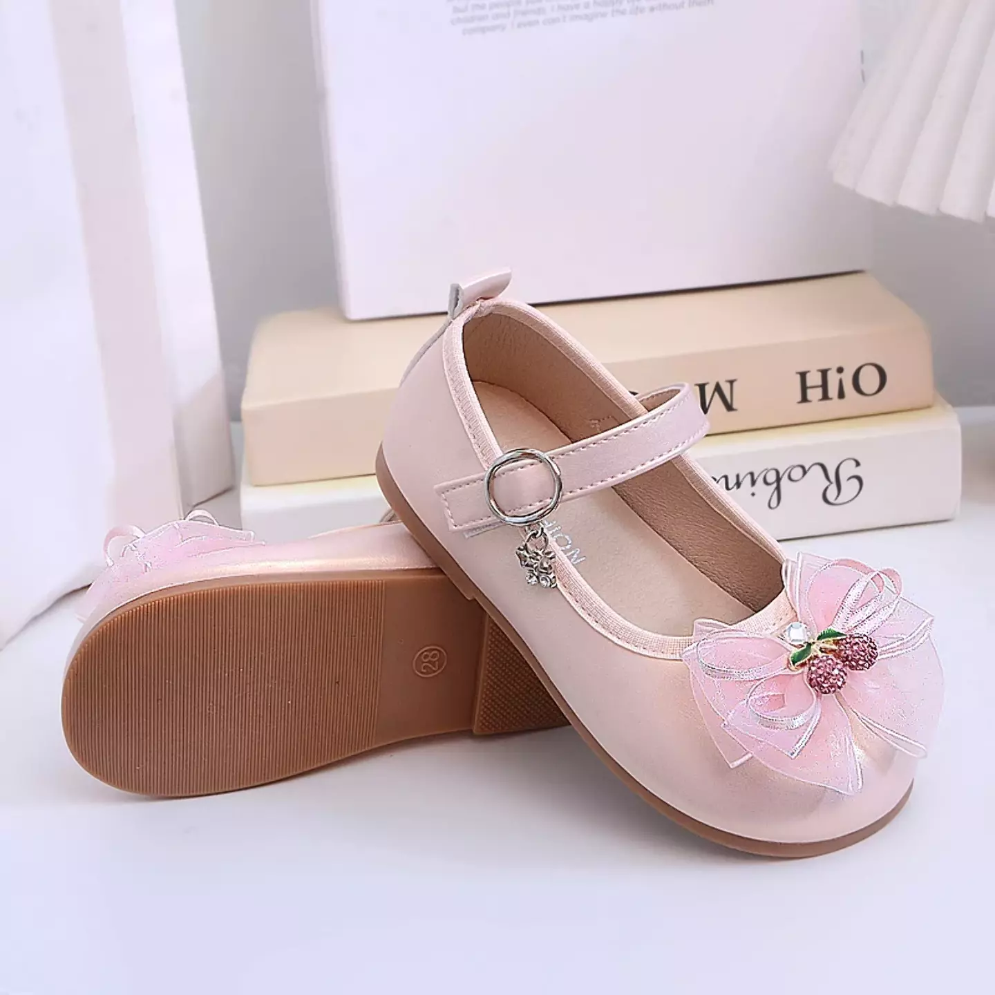 Baby, Toddler & Young Girls Peach Pink Crystal Cherry Bow Heart Strap Shoes | Lucys 10985