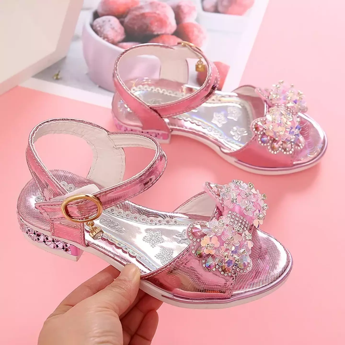 Young Girls & Girls Pink Sparkle Block Heel Buckle Strap Sandals | Lucys 11005