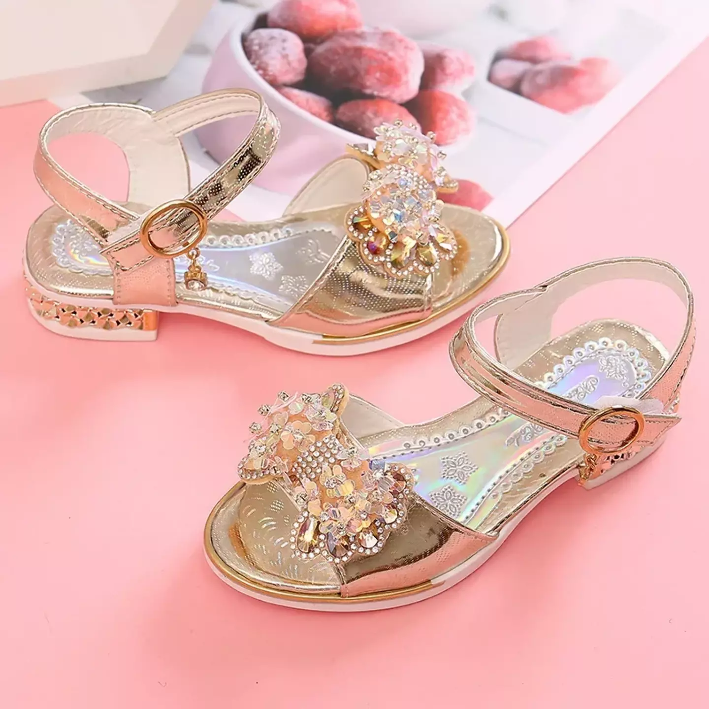 Young Girls & Girls Beige Iridescent Bead Cluster Ankle Strap Sandals | Lucys 11004