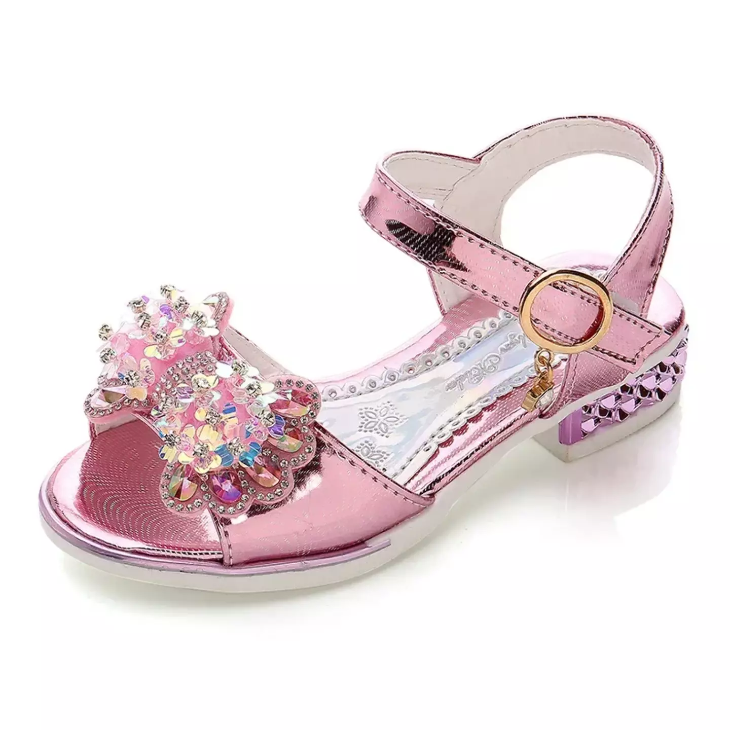 Young Girls & Girls Pink Sparkle Block Heel Buckle Strap Sandals | Lucys 11005