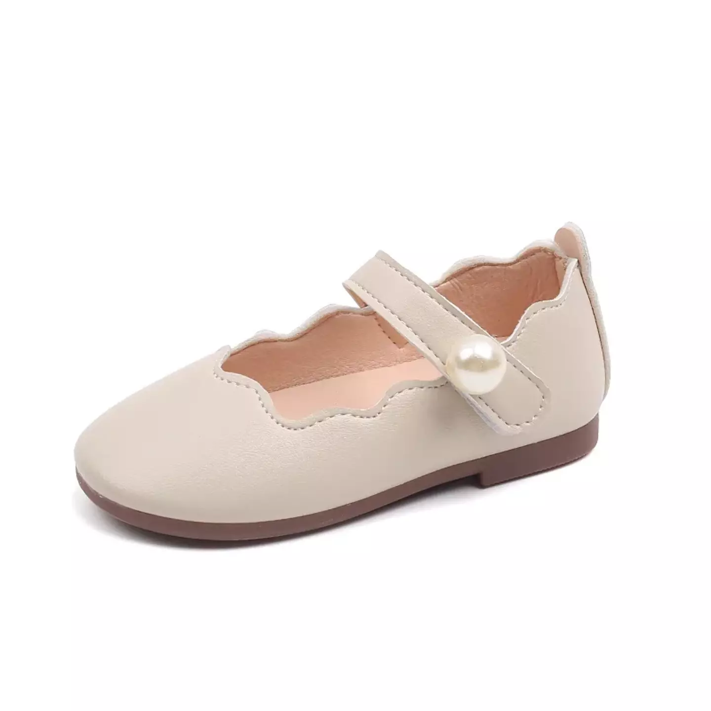 Baby, Toddler & Young Girls Beige Wave Edge Single Pearl Strap Dress Shoes | Lucys 11012
