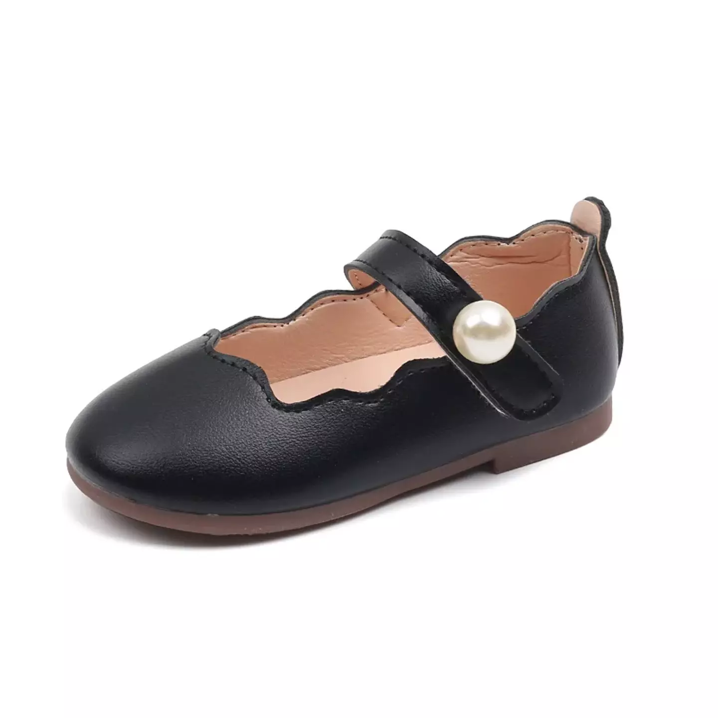 Baby, Toddler & Young Girls Black Wave Edge Single Pearl Strap Dress Shoes | Lucys 11013