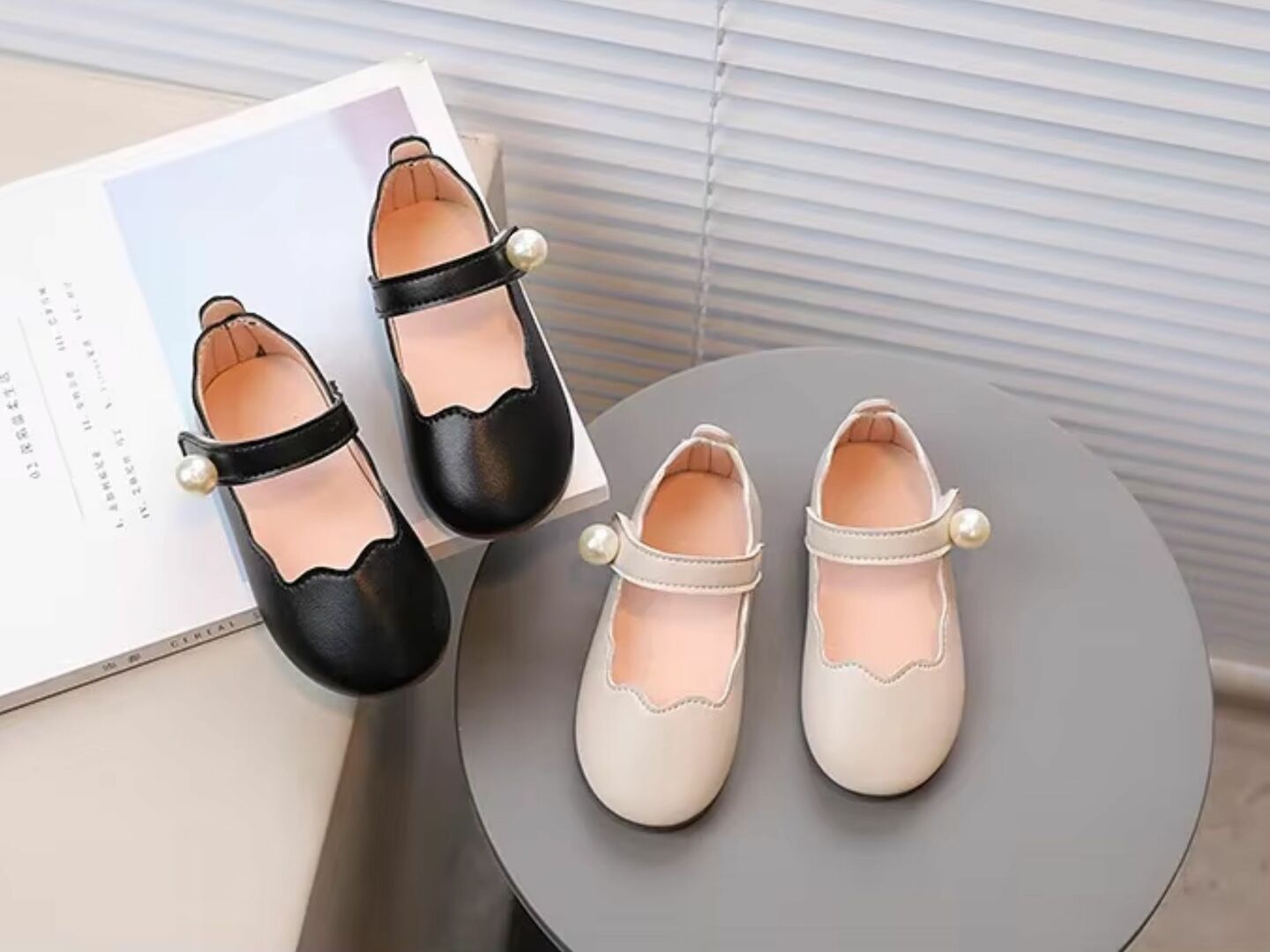 Baby, Toddler & Young Girls Black Wave Edge Single Pearl Strap Dress Shoes | Lucys 11013