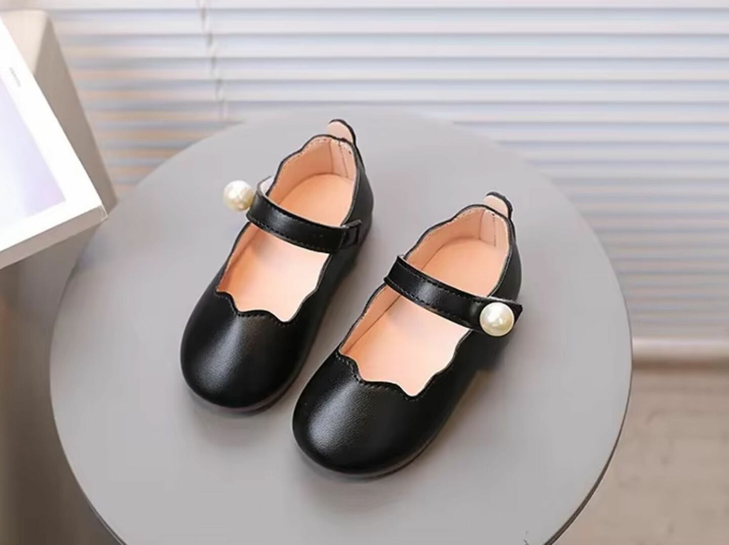 Baby, Toddler & Young Girls Black Wave Edge Single Pearl Strap Dress Shoes | Lucys 11013