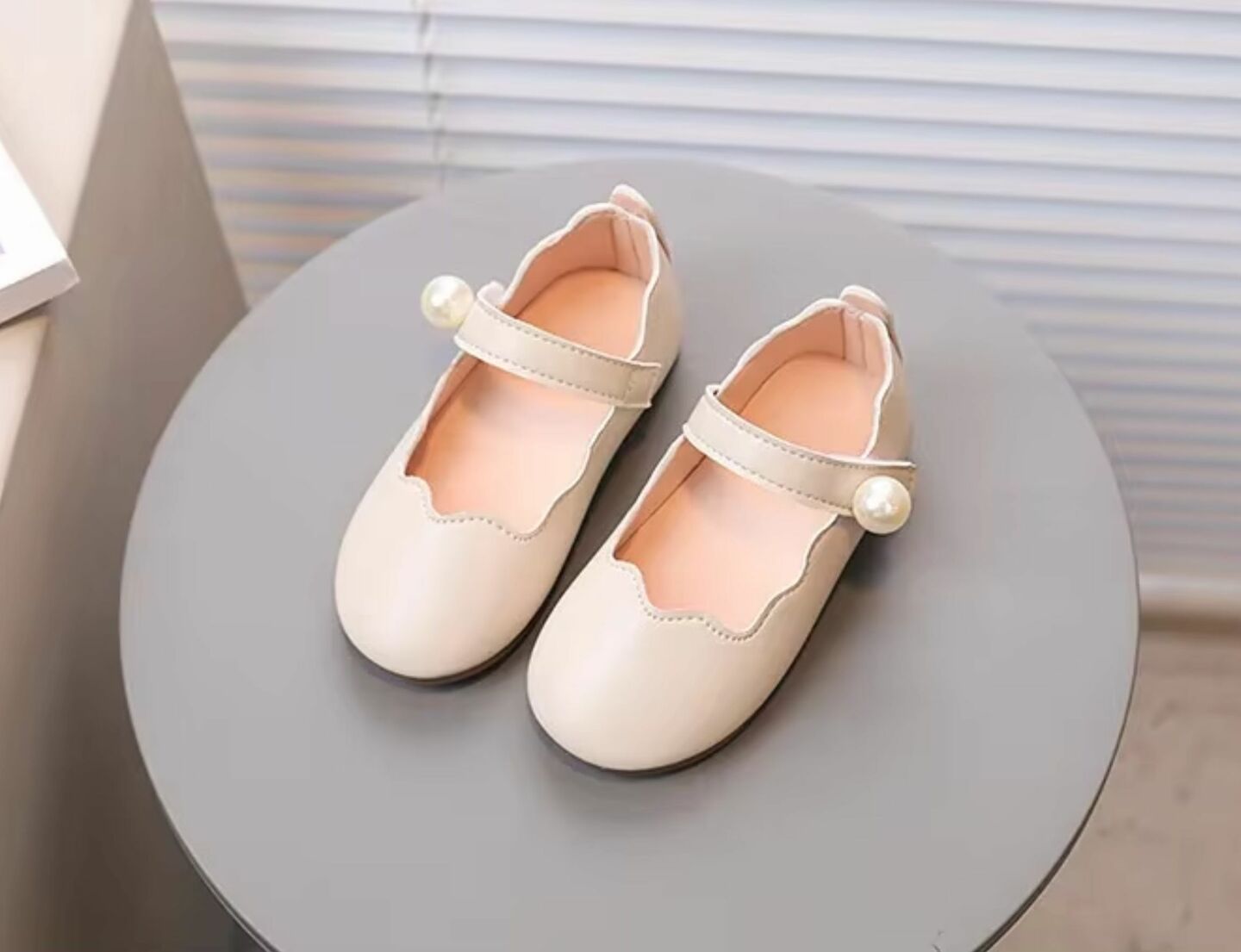 Baby, Toddler & Young Girls Beige Wave Edge Single Pearl Strap Dress Shoes | Lucys 11012