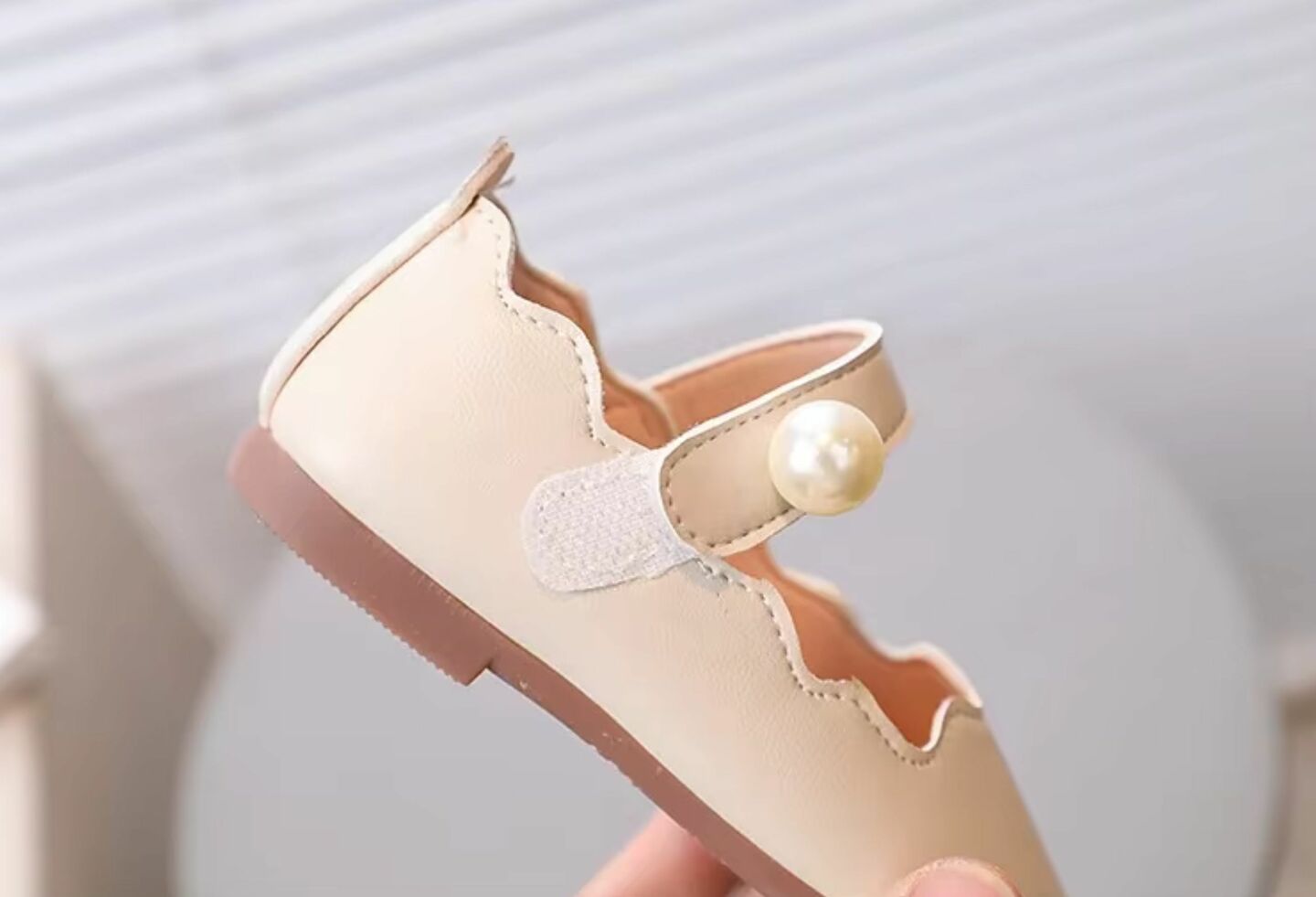 Baby, Toddler & Young Girls Beige Wave Edge Single Pearl Strap Dress Shoes | Lucys 11012