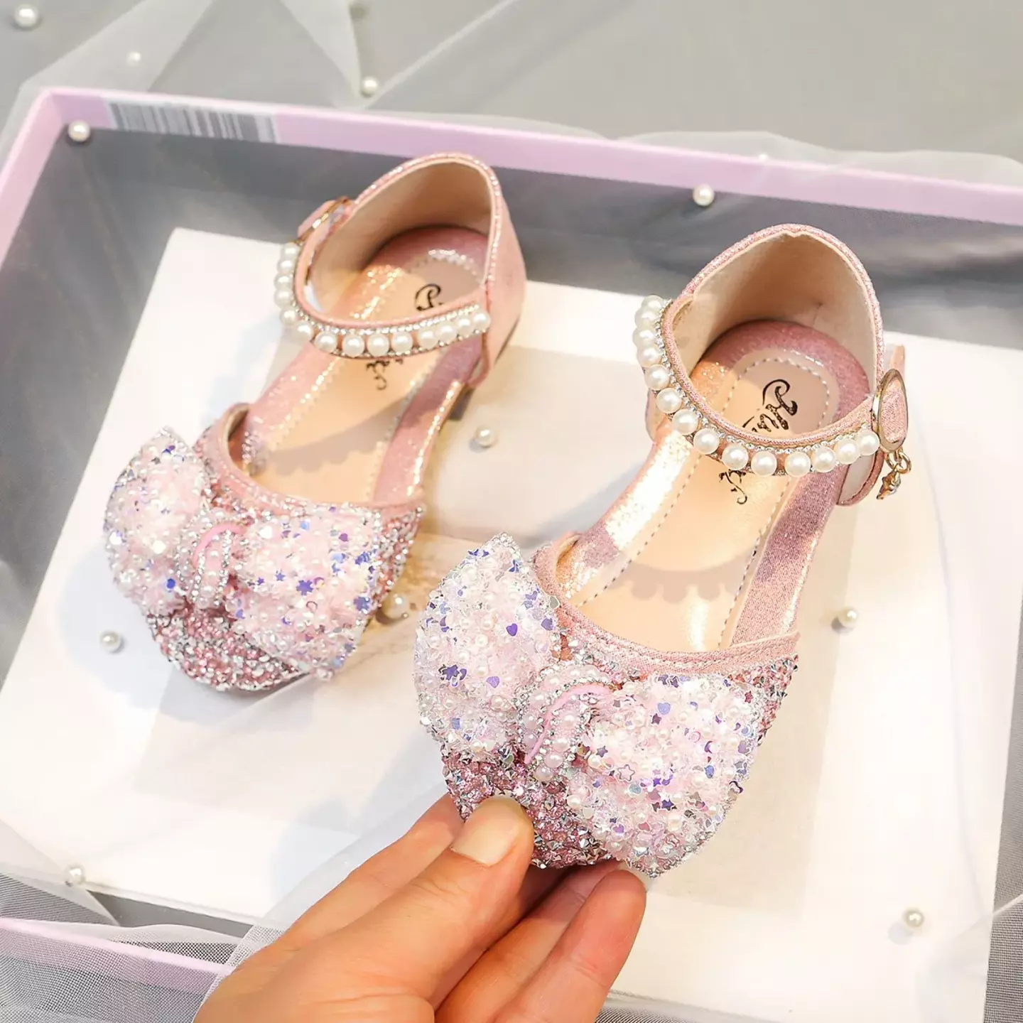 Baby, Toddler, Young Girls & Girls Pink Crystal Chip Toe Sequin Bow Ankle Strap Shoes | Lucys 11021