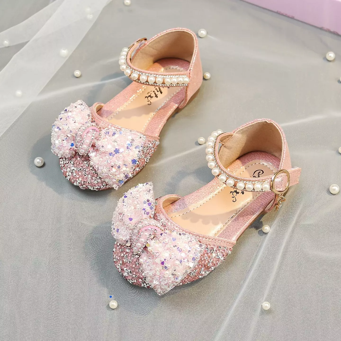 Baby, Toddler, Young Girls & Girls Pink Crystal Chip Toe Sequin Bow Ankle Strap Shoes | Lucys 11021