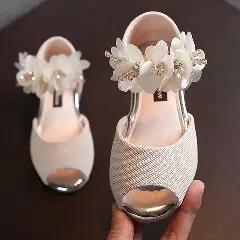 Baby, Toddler & Young Girls Beige Silver Cap Toe Flower Strap Dress Shoes | Lucys 11028
