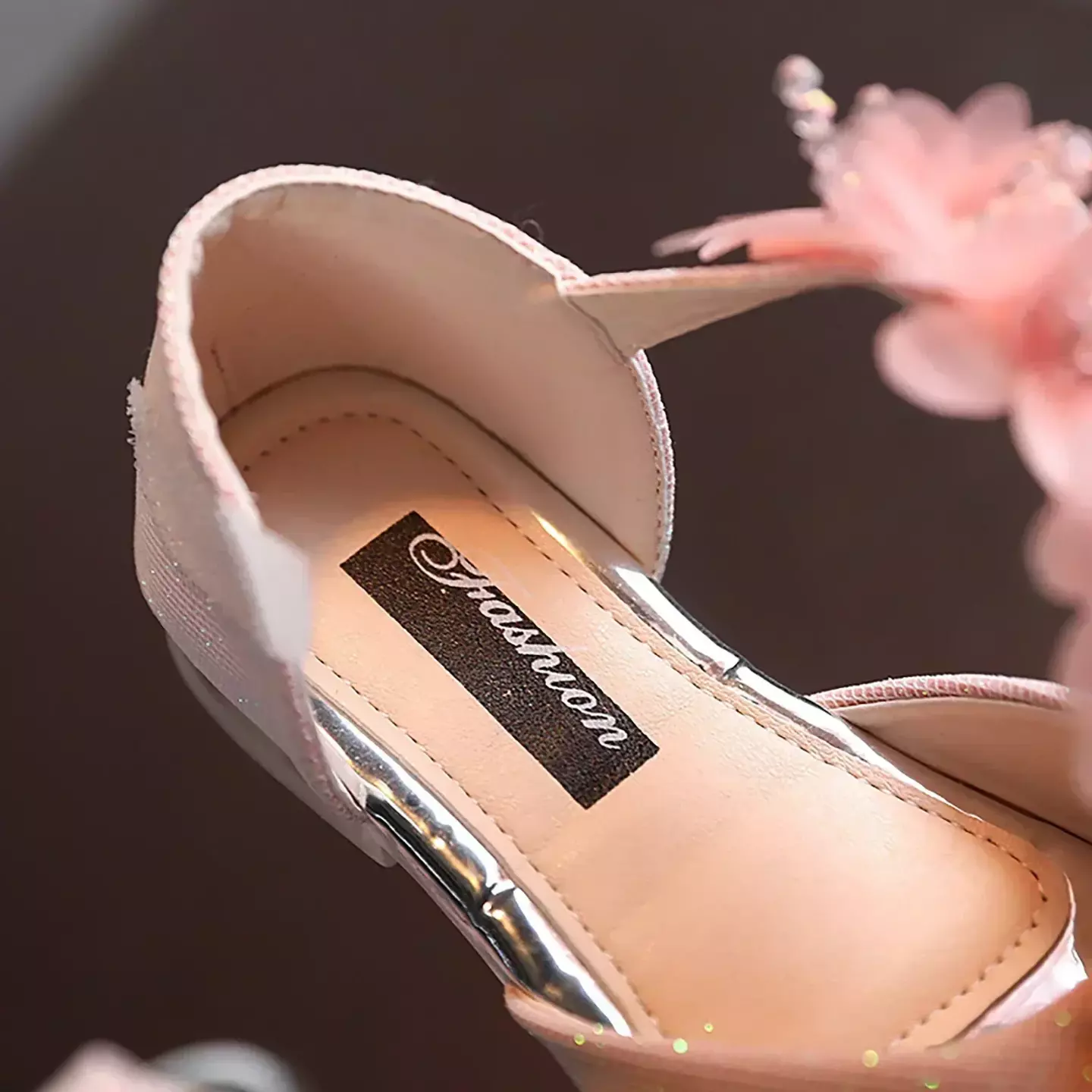 Baby, Toddler & Young Girls Pink Silver Cap Toe Flower Strap Dress Shoes | Lucys 11029
