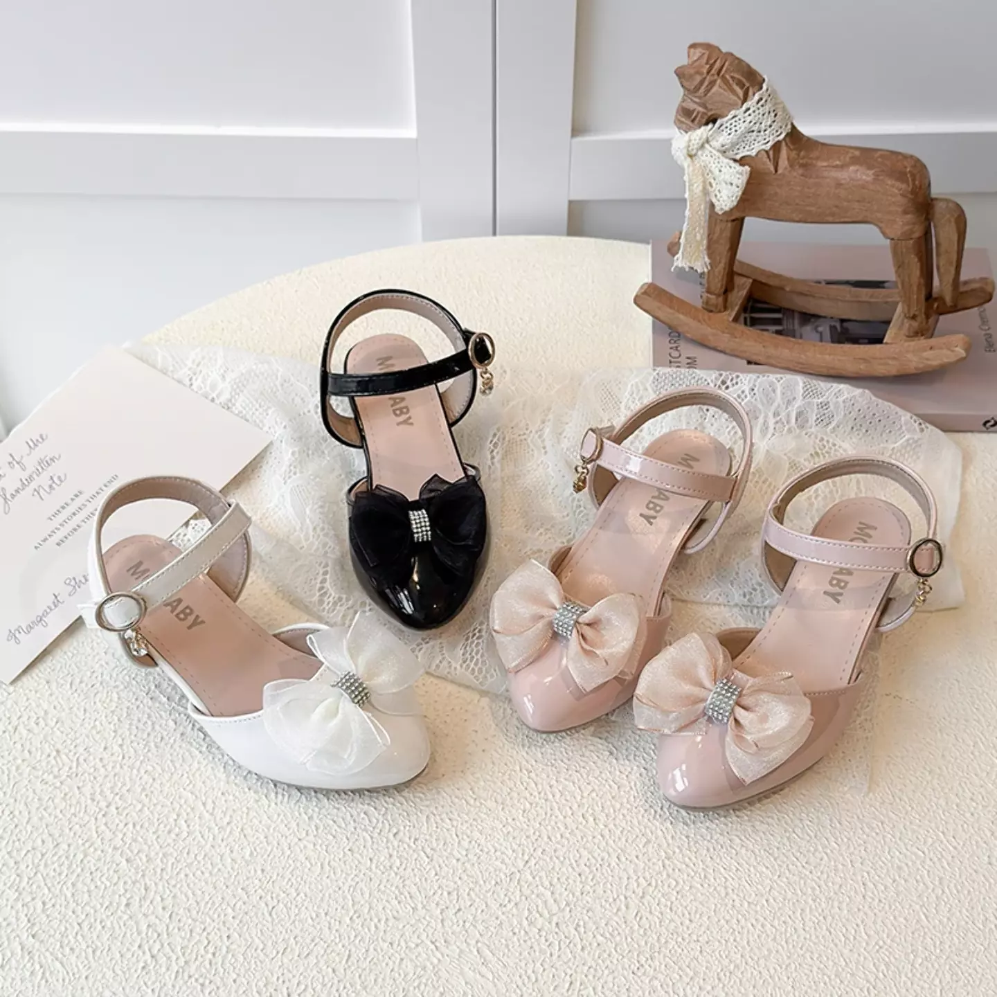 Girls Black Sheer Bow Block Heel Slingbacks | Lucys 11046