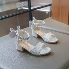 Girls Silver Pearl Fringe Bow Block Heel Sandals | Lucys 11057