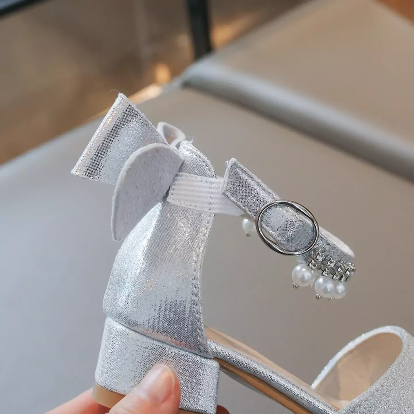 Girls Silver Pearl Fringe Bow Block Heel Sandals | Lucys 11057