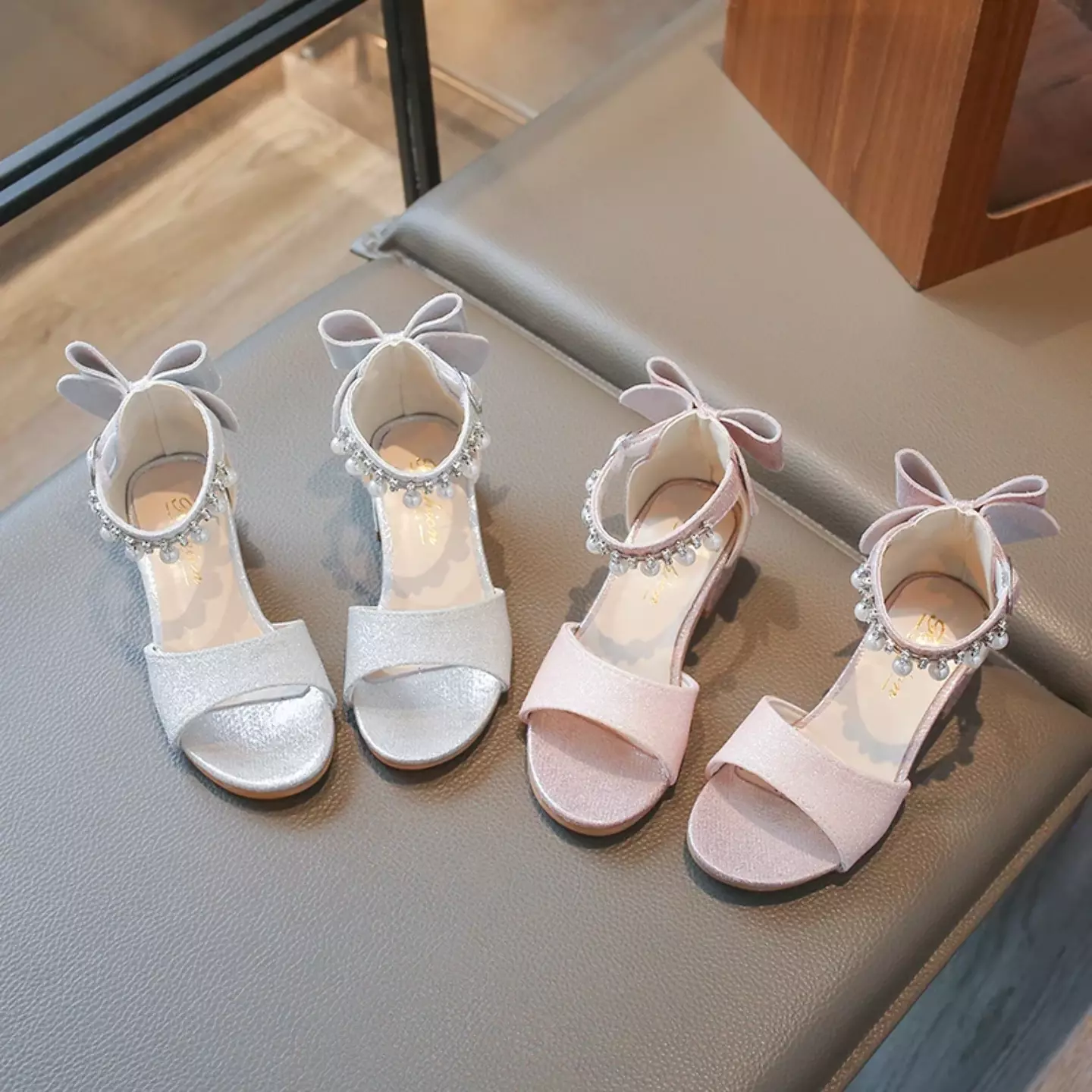 Girls Pink Pearl Fringe Bow Block Heel Sandals | Lucys 11056