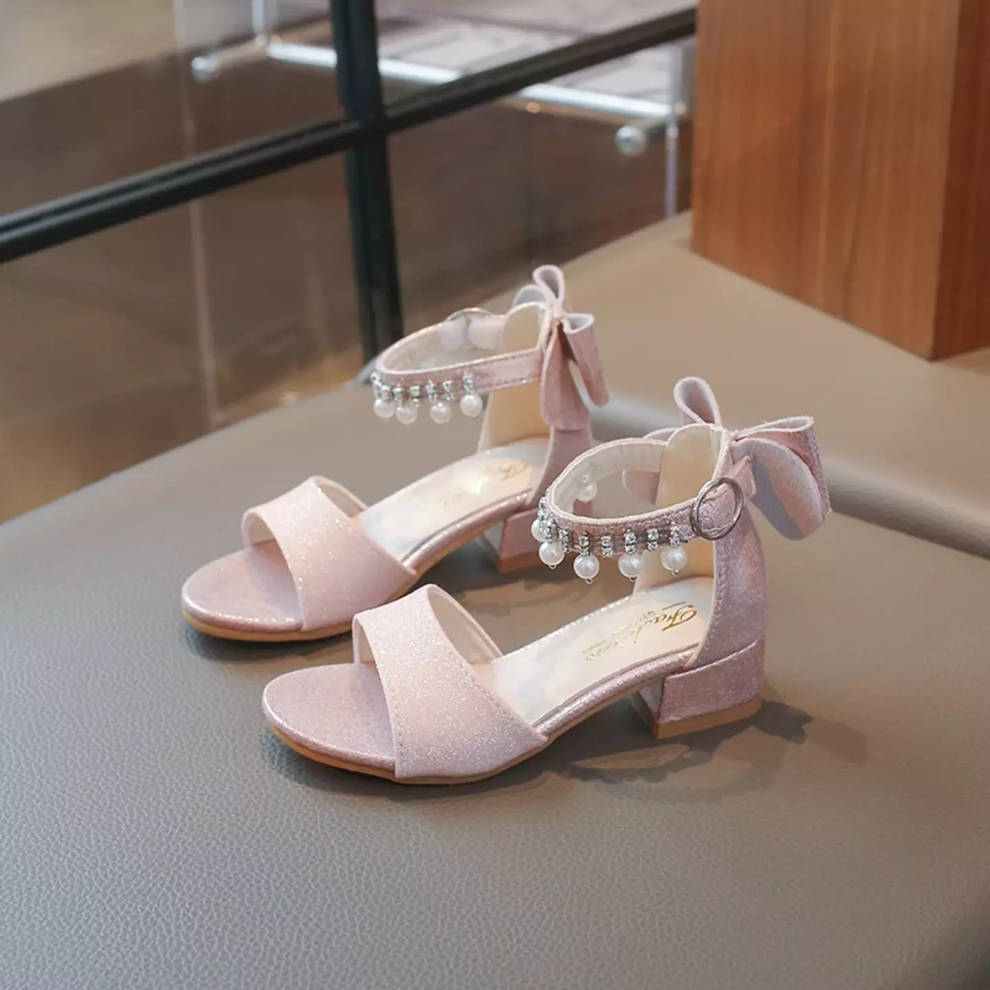 Girls Pink Pearl Fringe Bow Block Heel Sandals | Lucys 11056