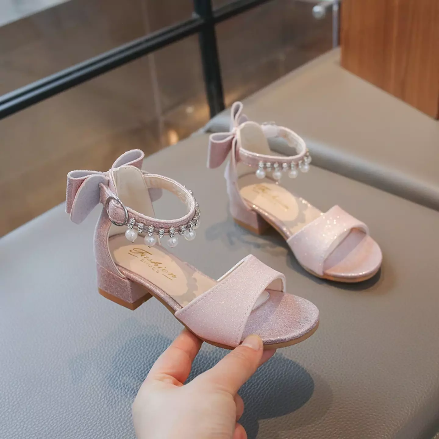Girls Pink Pearl Fringe Bow Block Heel Sandals | Lucys 11056