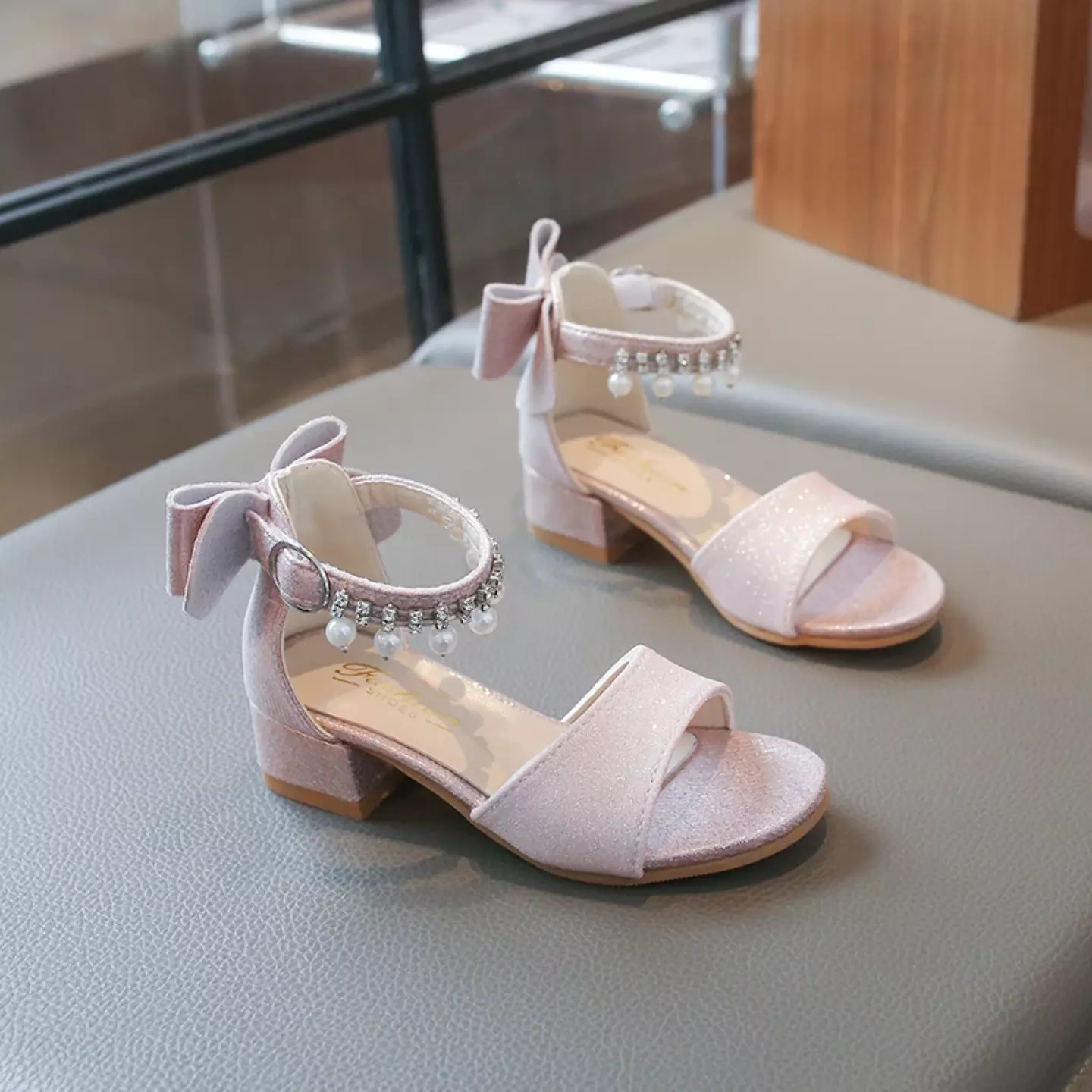 Girls Pink Pearl Fringe Bow Block Heel Sandals | Lucys 11056